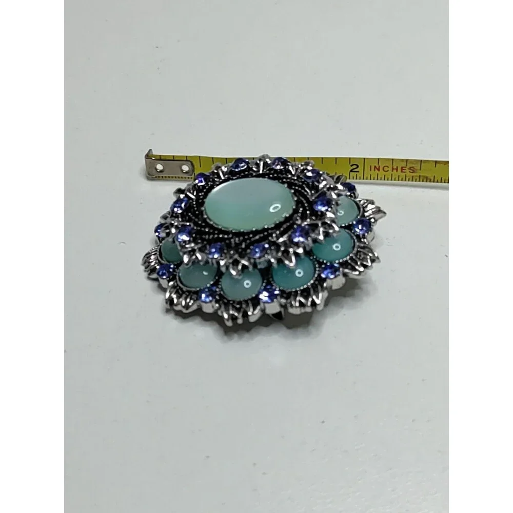 Oval 2 Tone Blue Rhinestone Brooch Fashion Brooch 2" X 1.75" 2 Layer - Picture 4 of 5